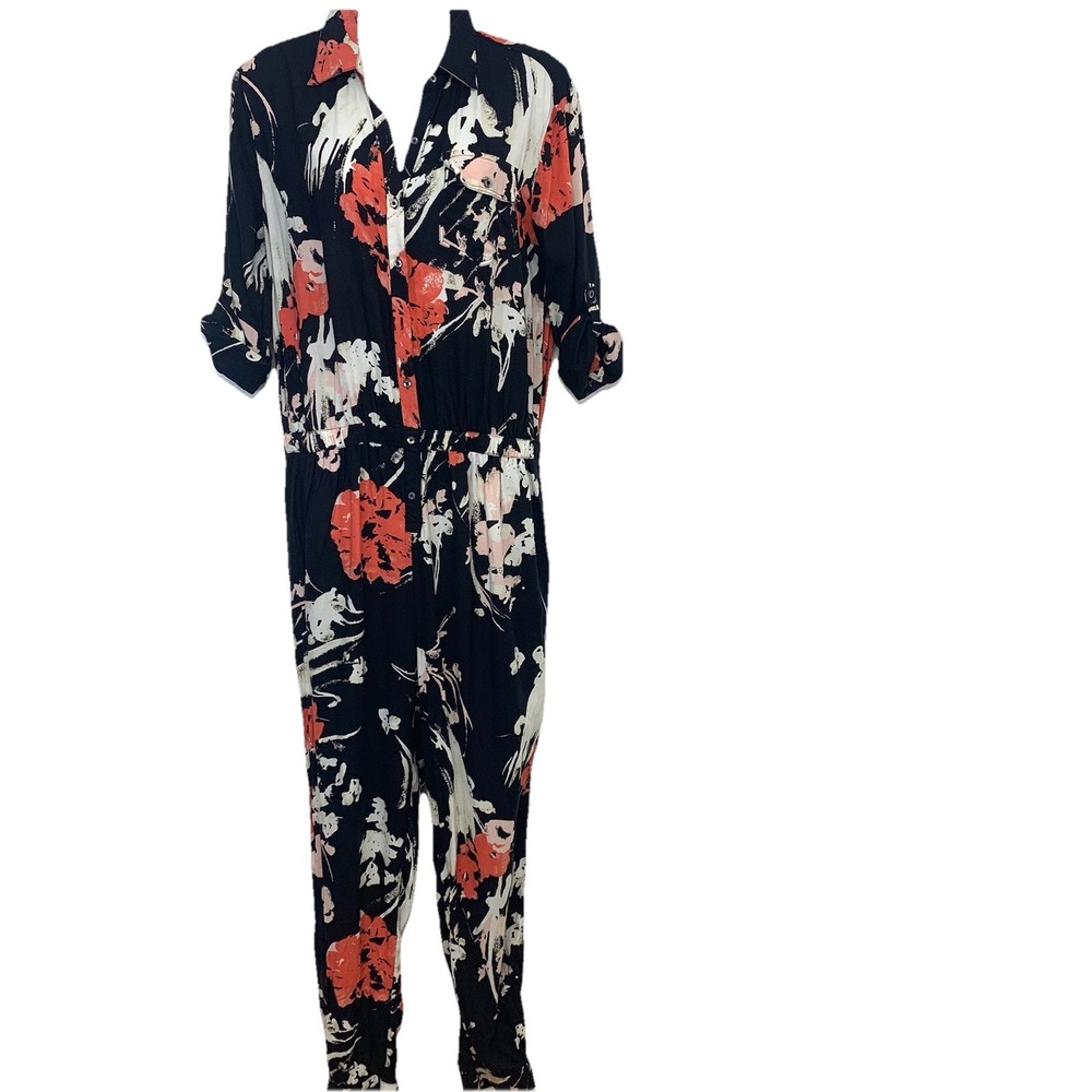Abercrombie & Fitch Black Floral Jumpsuit  Cinch Waist Pockets Large Tropical‎